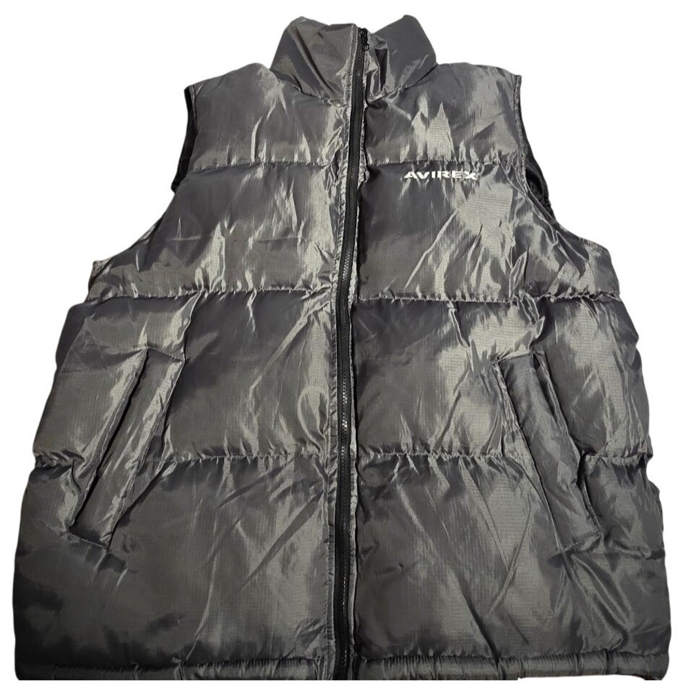 Mens Avirex Puffer Vest Black Metallic Ripstop Quilted Zip Up Large